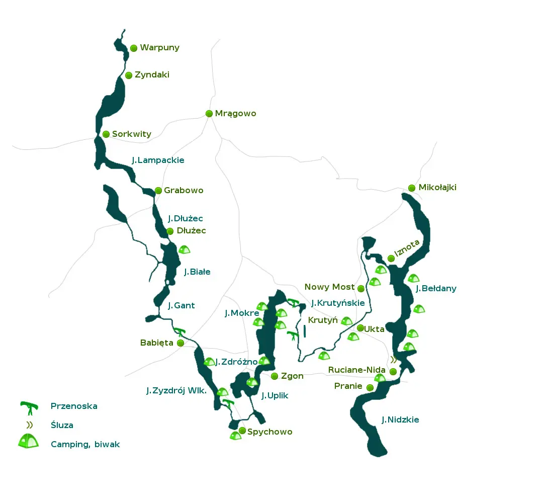 Mapa Szlaku Krutyni z zaznaczoną miejscowością Krutyń