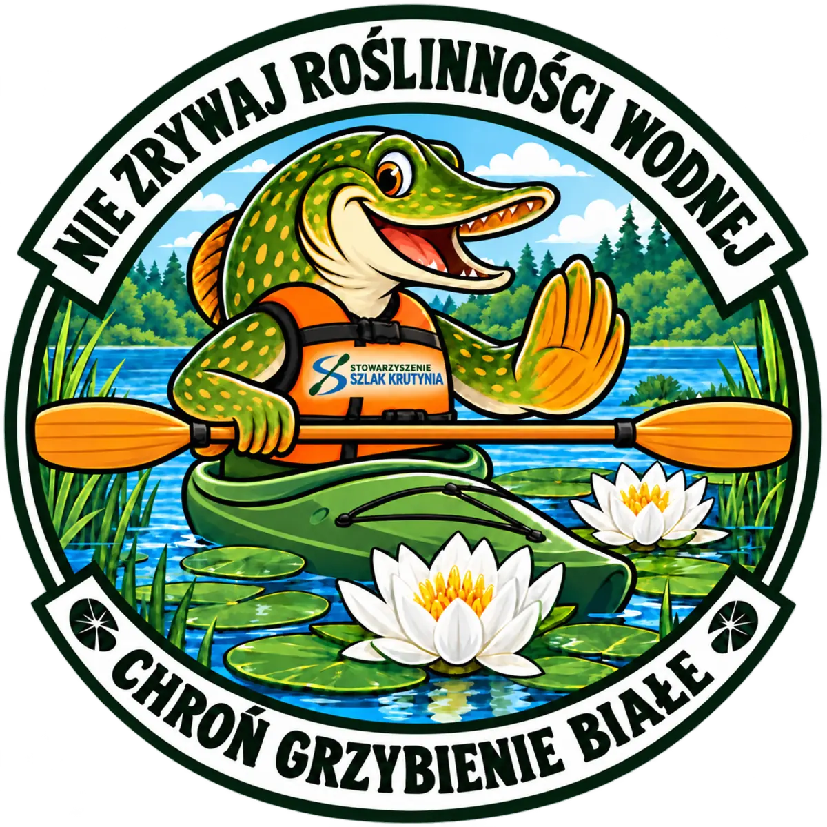 Naklejka edukacyjna Krutysia: Chroń grzybienie białe