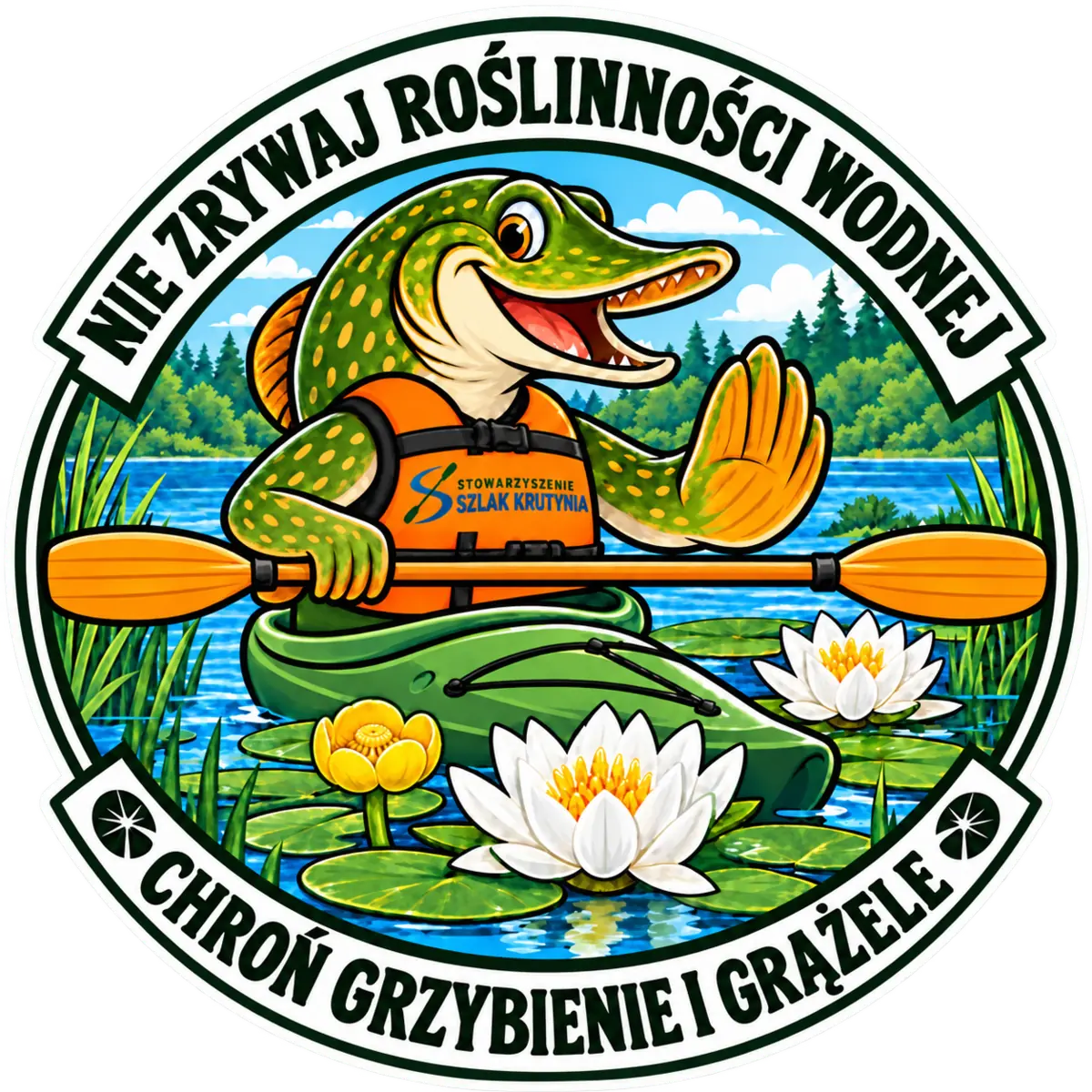 Naklejka edukacyjna Krutysia: Chroń grzybienie i grążele