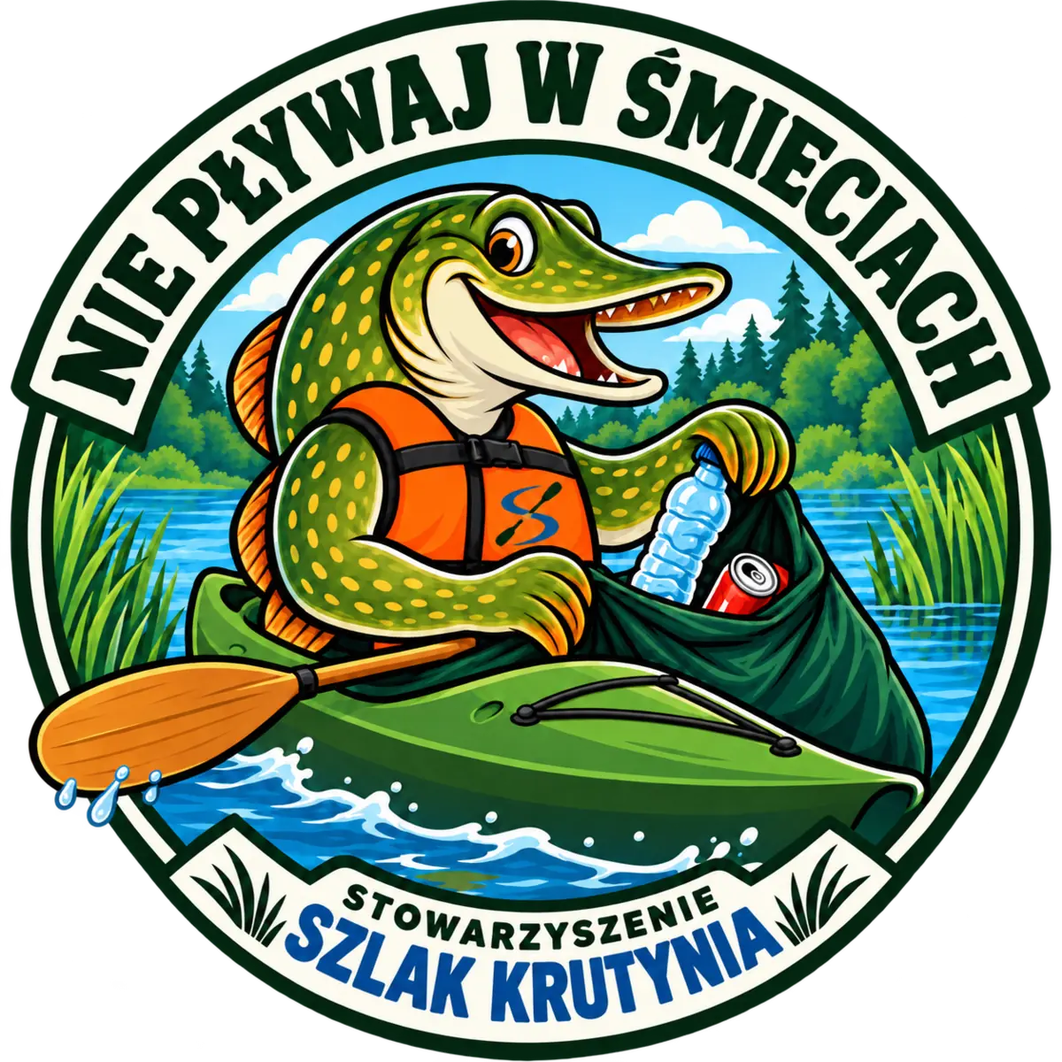 Naklejka edukacyjna Krutysia: Nie pływaj w śmieciach